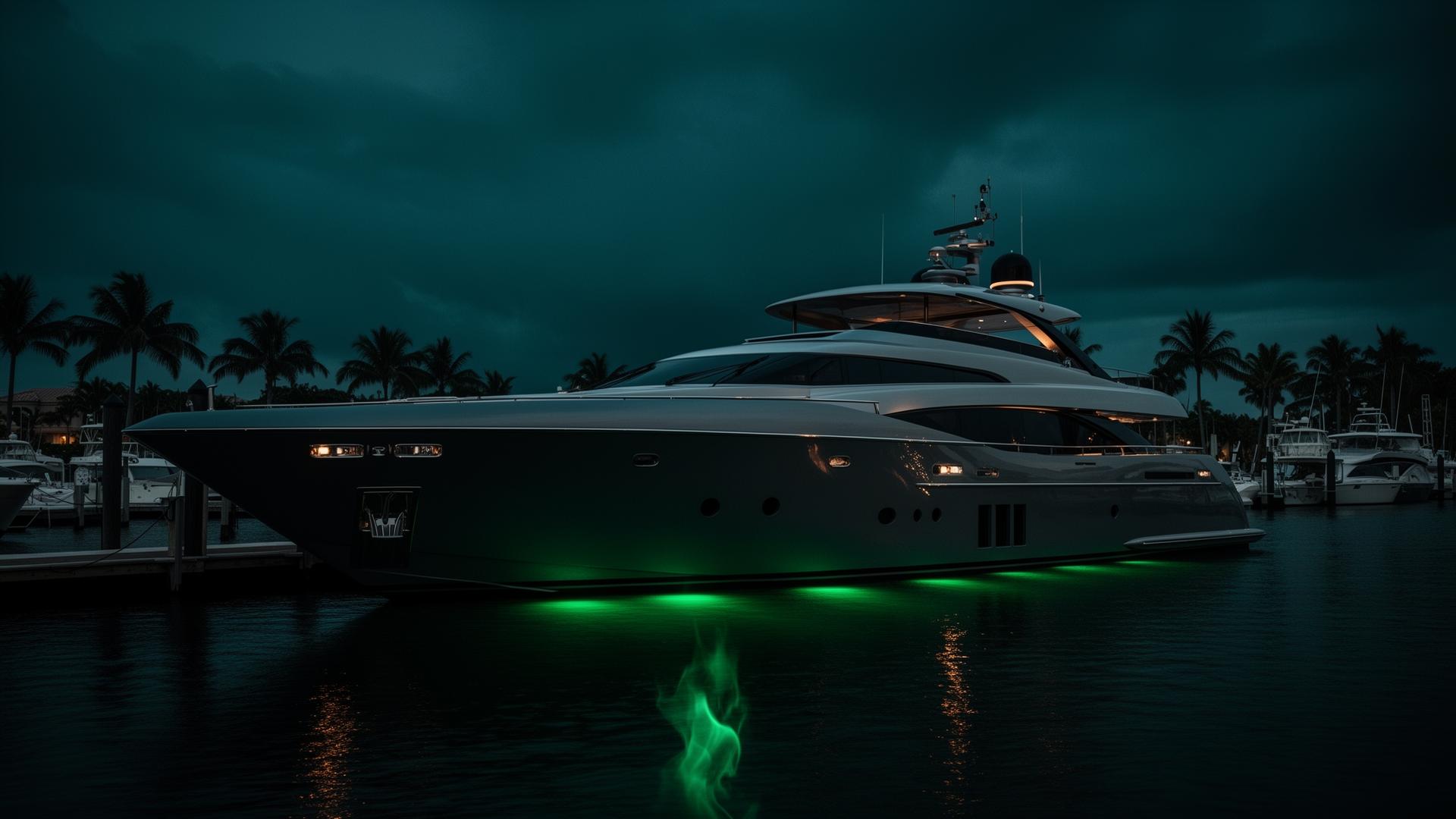 Luxury yacht docked at Miami marina with green underwater lights